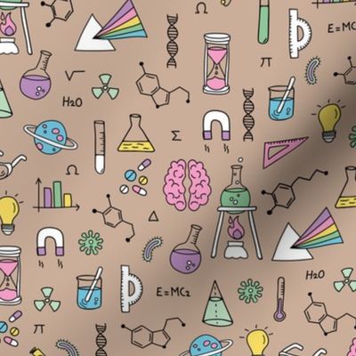 Little Scientist - Freehand science illustrations lab supplies brains numbers and school icons retro neon green pink yellow on caramel 