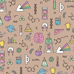 Little Scientist - Freehand science illustrations lab supplies brains numbers and school icons retro neon green pink yellow on caramel 