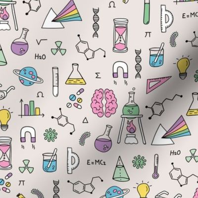 Little Scientist - Freehand science illustrations lab supplies brains numbers and school icons retro neon green pink yellow on ivory 