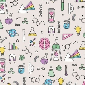 Little Scientist - Freehand science illustrations lab supplies brains numbers and school icons retro neon green pink yellow on ivory 