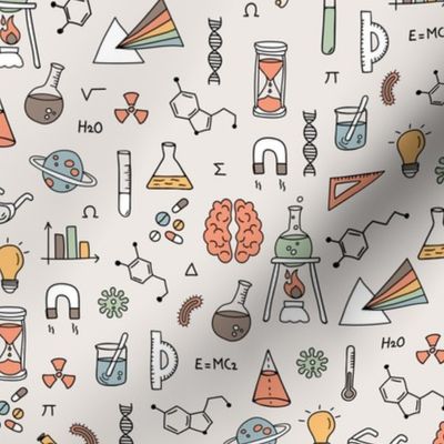Little Scientist - Freehand science illustrations lab supplies brains numbers and school icons retro vintage red sage orange on ivory
