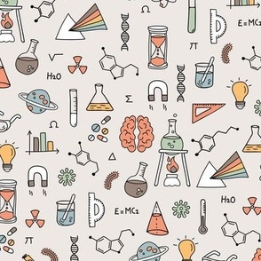 Little Scientist - Freehand science illustrations lab supplies brains numbers and school icons retro vintage red sage orange on ivory