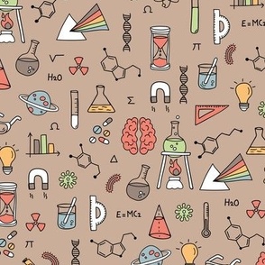 Little Scientist - Freehand science illustrations lab supplies brains numbers and school icons vintage red mint blue on caramel beige brown 