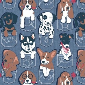 Small scale // Pure love pockets I // denim blue background Dachshund Beagle Dalmatian Basset Hound Labrador Retriever Husky Welsh Corgi and Italian Greyhound dog puppies