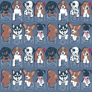 Tiny scale // Pure love pockets II // aligned // denim blue background Dachshund Beagle Dalmatian Basset Hound Labrador Retriever Husky Welsh Corgi and Italian Greyhound dog puppies