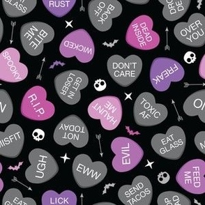 Rude Conversation Hearts Purples on Black