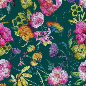 June Floral Pointillism Version // Deep Teal 