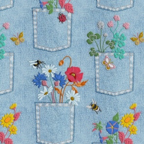 Embroidered Wildflower Pockets I ML size I 15" I on blue Jeans 