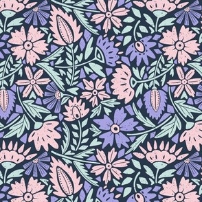 Block Print Textured Scandinavian Folk Florals, Cotton Candy, Lilac, Seaglass on dark blue