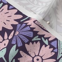Block Print Textured Scandinavian Folk Florals, Cotton Candy. Lilac, Seaglass on dark purple