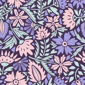 Block Print Textured Scandinavian Folk Florals, Cotton Candy. Lilac, Seaglass on dark purple