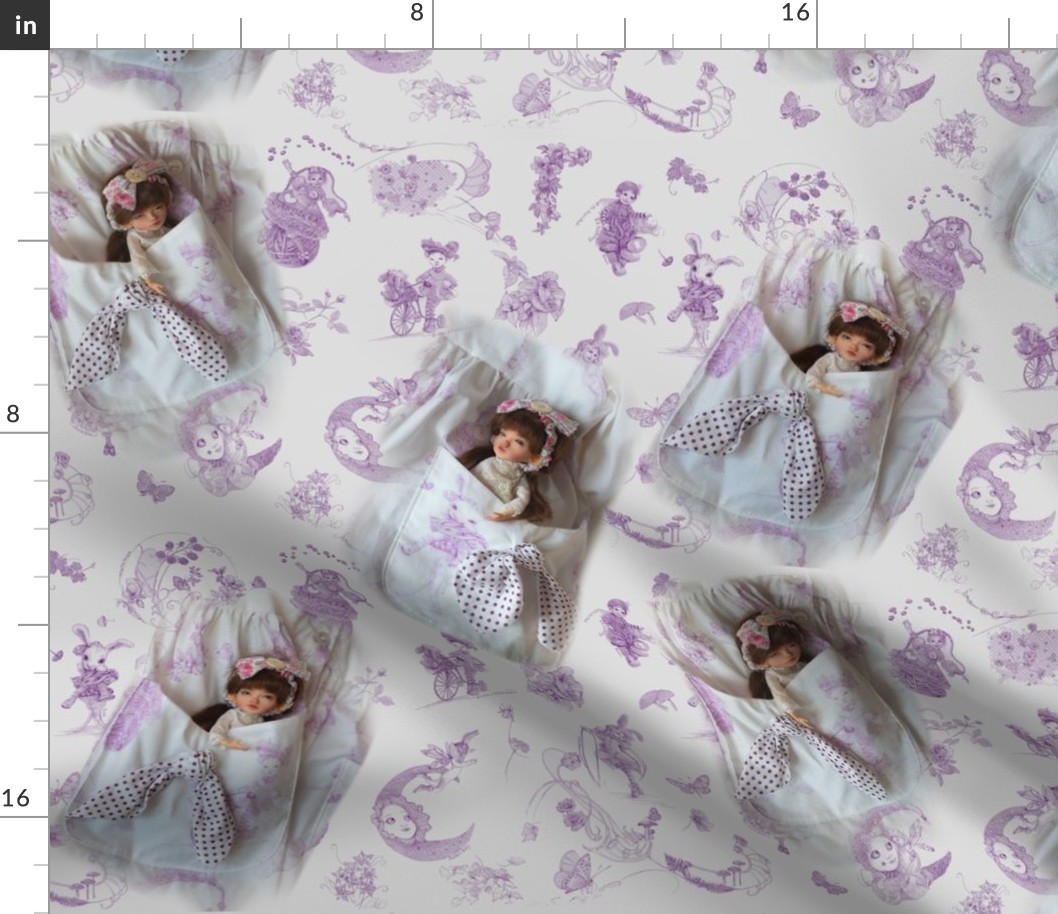 12x18-Inch Half-Drop Repeat of Dolly in my Pocket on Lavender Whispering Daydreams