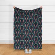 Pocket for baby seahorses - colourful pregnant male seahorse  damask - dark inky teal - medium