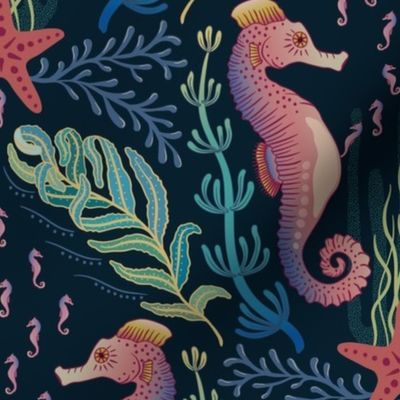 Pocket for baby seahorses - colourful pregnant male seahorse  damask - dark inky teal - medium