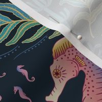 Pocket for baby seahorses - colourful pregnant male seahorse  damask - dark inky teal - medium