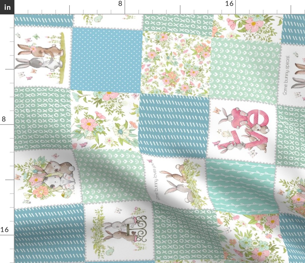 4 1/2" Love Some Bunny Patchwork Blanket Quilt, Cute Bunnies + Flowers for Girls, GL-quilt A rotated