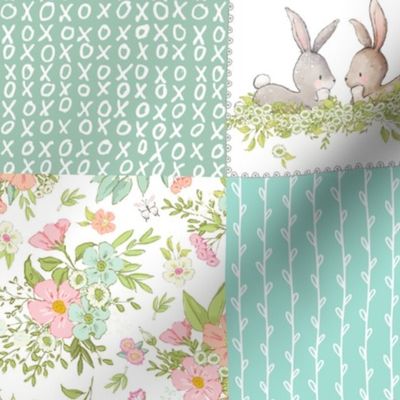 4 1/2" Love Some Bunny Patchwork Blanket Quilt, Cute Bunnies + Flowers for Girls, GL-quilt A