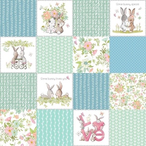 4 1/2" Love Some Bunny Patchwork Blanket Quilt, Cute Bunnies + Flowers for Girls, GL-quilt A