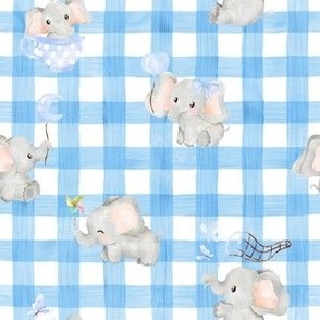 small scale elephant blue gingham