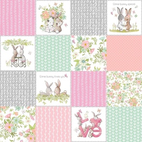 4 1/2" Love Some Bunny Patchwork Blanket Quilt, Cute Bunnies + Flowers for Girls, GL-quilt B