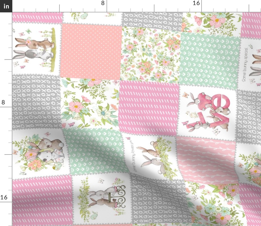 4 1/2" Love Some Bunny Patchwork Blanket Quilt, Cute Bunnies + Flowers for Girls, GL-quilt B rotated