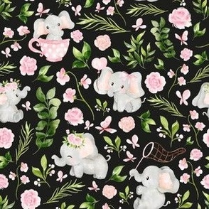 small scale pink floral elephant black