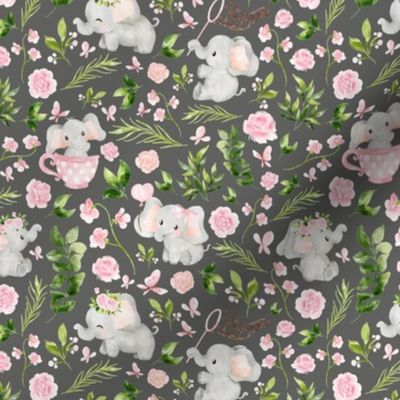 small scale pink floral elephant grey