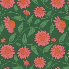 Block Print Coneflowers Peachy Pink on Green