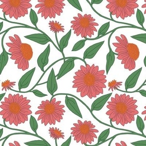 Block Print Coneflowers Peachy Pink on White