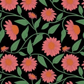 Block Print Coneflowers Peachy Pink on Black