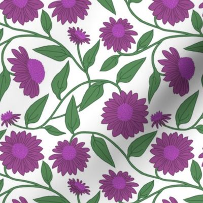 Block Print Coneflowers Mauve Purple on White