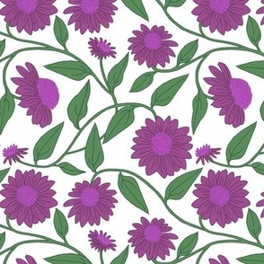 Block Print Coneflowers Mauve Purple on White