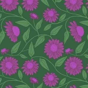 Block Print Coneflowers Mauve Purple on Green