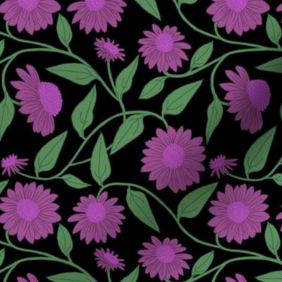 Block Print Coneflowers Mauve Purple on Black