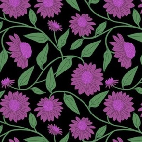 Block Print Coneflowers Mauve Purple on Black