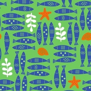 Horizontal and Vertical Blue Herring Fish with Starfish and Snails on Green Ground Gender Neutral Non Directional