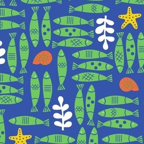 Horizontal and Vertical Green Herring Fish with Starfish and Snails on Blue Ground Gender Neutral Non Directional