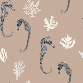 Hand drawn half drop Seahorses with Coral / Mushroom / 18 x 18 inches