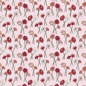 292 - Dandelion Meadow, cool red and blush flowers on palest pink background - small scale for wallpaper, bed linen, bag making, home furnishings
