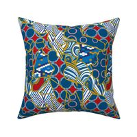  abstract kintsugi mosaic,  trend of the season yellow gold bronze, navy royal blue red white pink