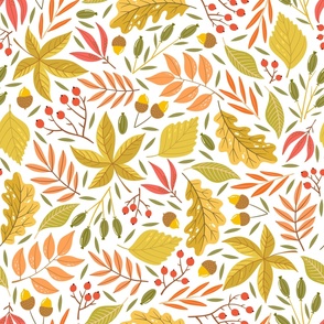 Autumn leaves and branches on a light background