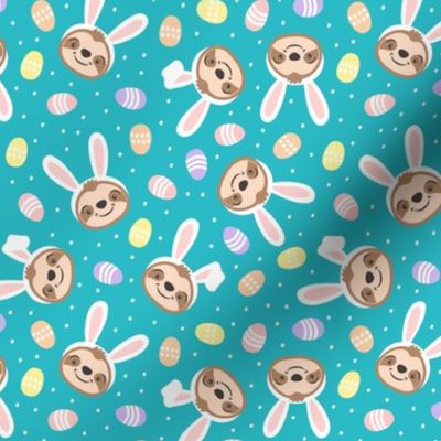 Easter sloths - Easter eggs and bunny ears - teal - LAD22