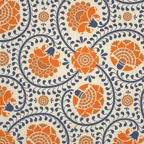 swirling fantasy floral-non directional-indigo and orange-medium scale