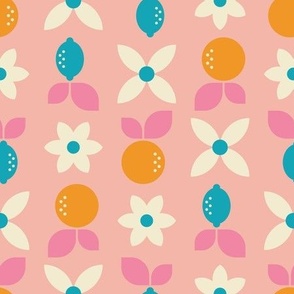Geometric Citrus Fruit - Oranges + Lemons + Flowers - Summer Sorbet - Pink + Blue