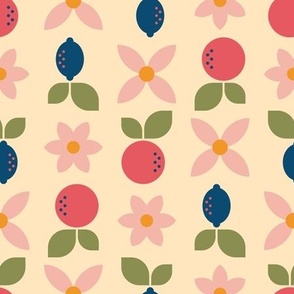 Geometric Citrus Fruit - Oranges + Lemons + Flowers - Coral Pink + Navy Blue