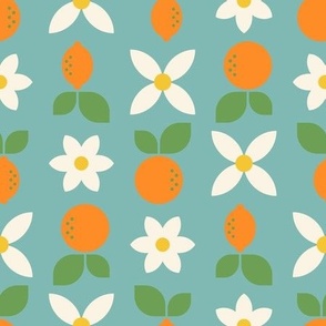 Geometric Citrus Fruit - Oranges + Lemons + Flowers - Faded Retro Seaglass - Orange + Light Teal Blue