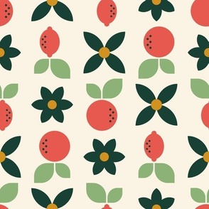 Geometric Citrus Fruit - Oranges + Lemons + Flowers - Coral Pink + Hunter Green