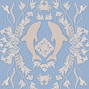 Dolphin Damask- Cerulean Blue and Cream