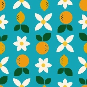 Geometric Citrus Fruit - Oranges + Lemons + Flowers - Bright Blue + Orange