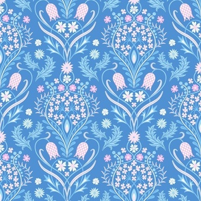 Art Nouveau fritillary acanthus damask wallpaper scale blue pink by Pippa Shaw